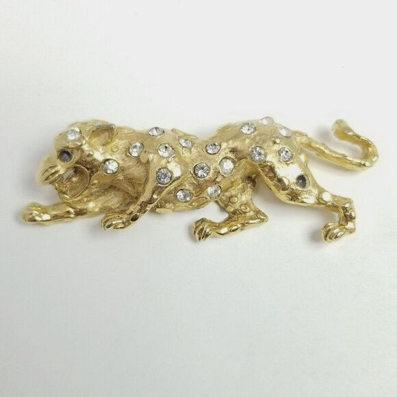Vintage Big Cat Brooch Gold Tone Rhinestone On the Prowl Lapel Pin Missing Stone - Picture 2 of 7
